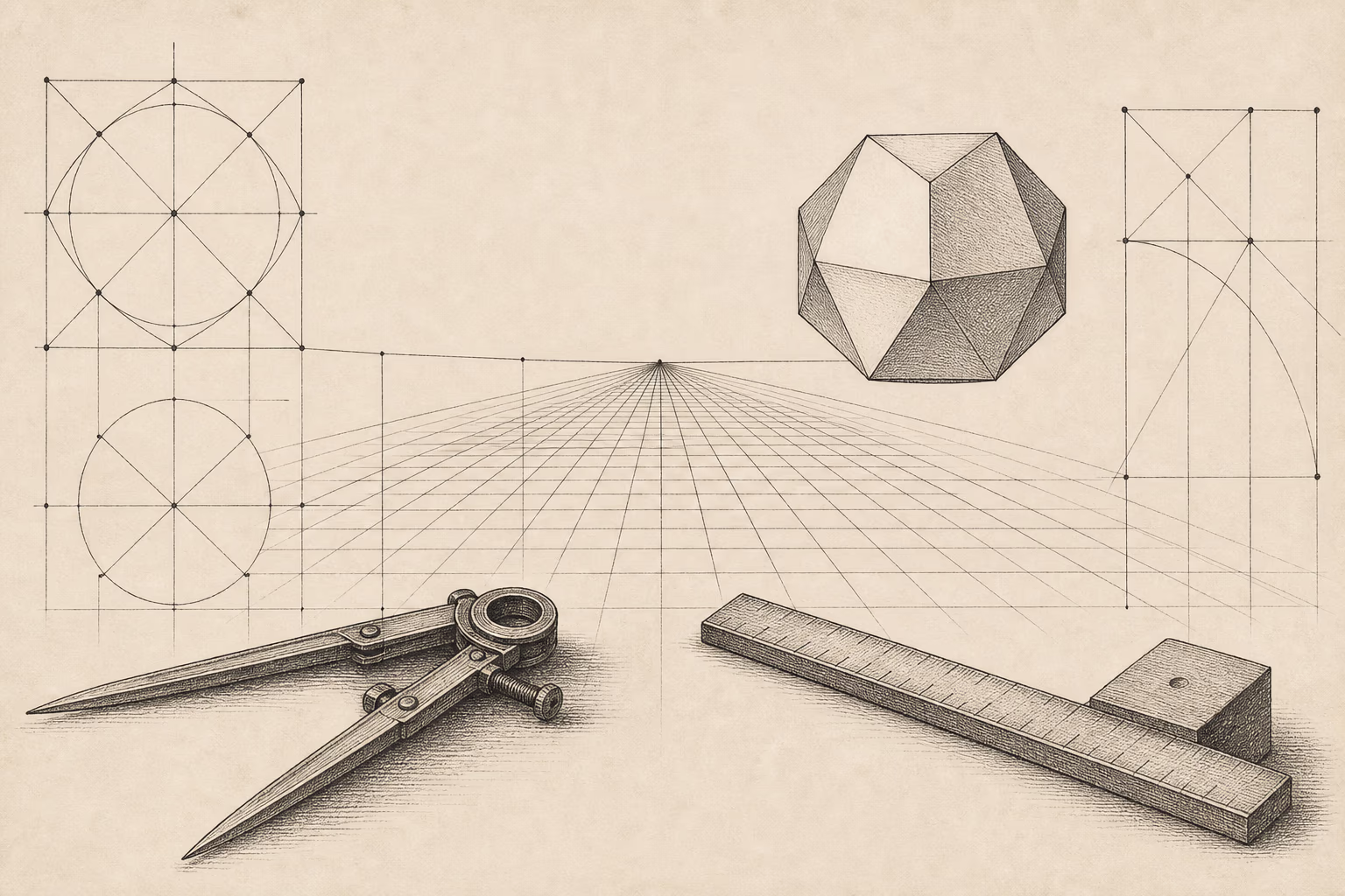 Konstruktionslinien, ein Perspektivraster, ein Zirkel und der abgestumpfte „Dürer-Körper