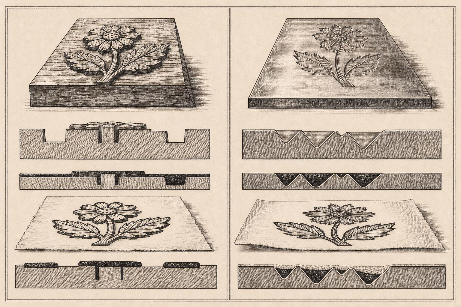 Schematischer Vergleich: links der Holzstock mit stehender Reliefllinie, rechts die Kupferplatte mit eingestochener Furche — KI-Illustration im Stich-Stil.