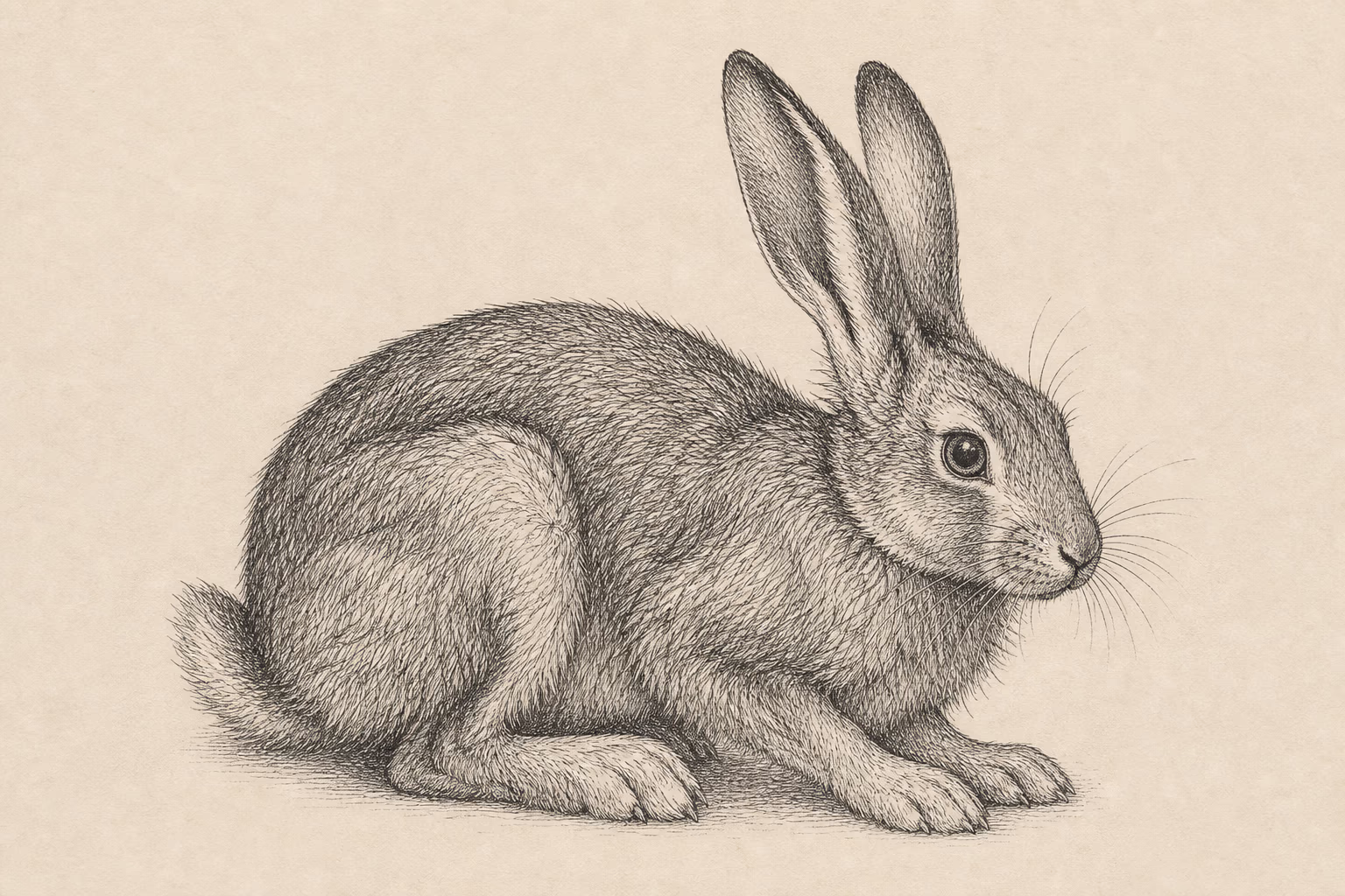 Junger Hase als unkolorierte Federzeichnung, nur Linie und Schraffur — KI-Illustration im Stich-Stil.