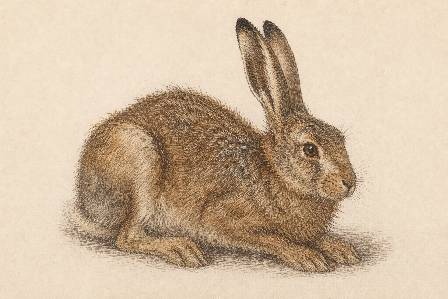 Derselbe Hase, nun mit zarter Aquarell-Lasur koloriert — KI-Illustration im Stich-Stil.
