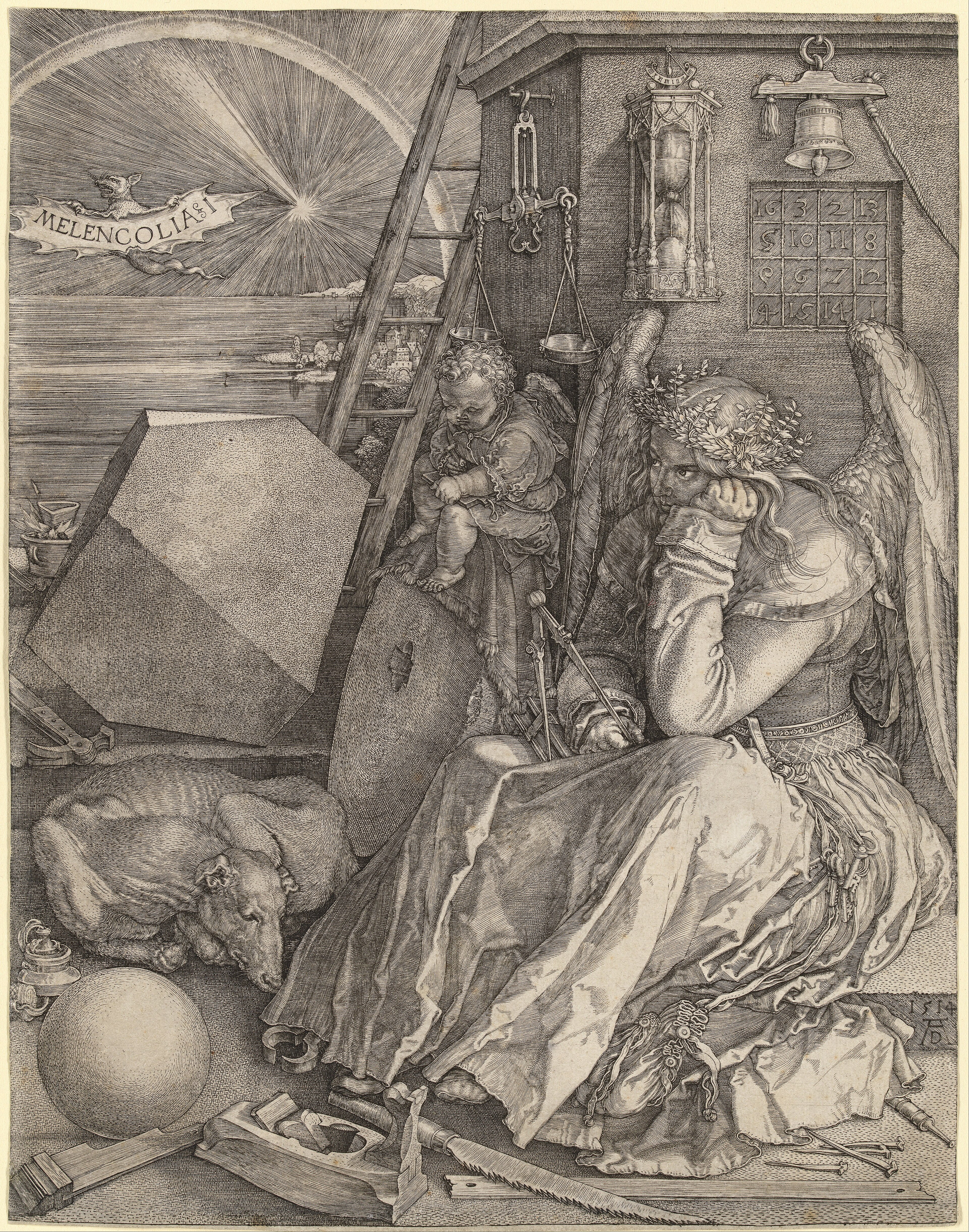 Albrecht Dürer: Melencolia I, Kupferstich 1514 — die geflügelte Gestalt mit Werkzeugen, Polyeder und Zahlentafel.