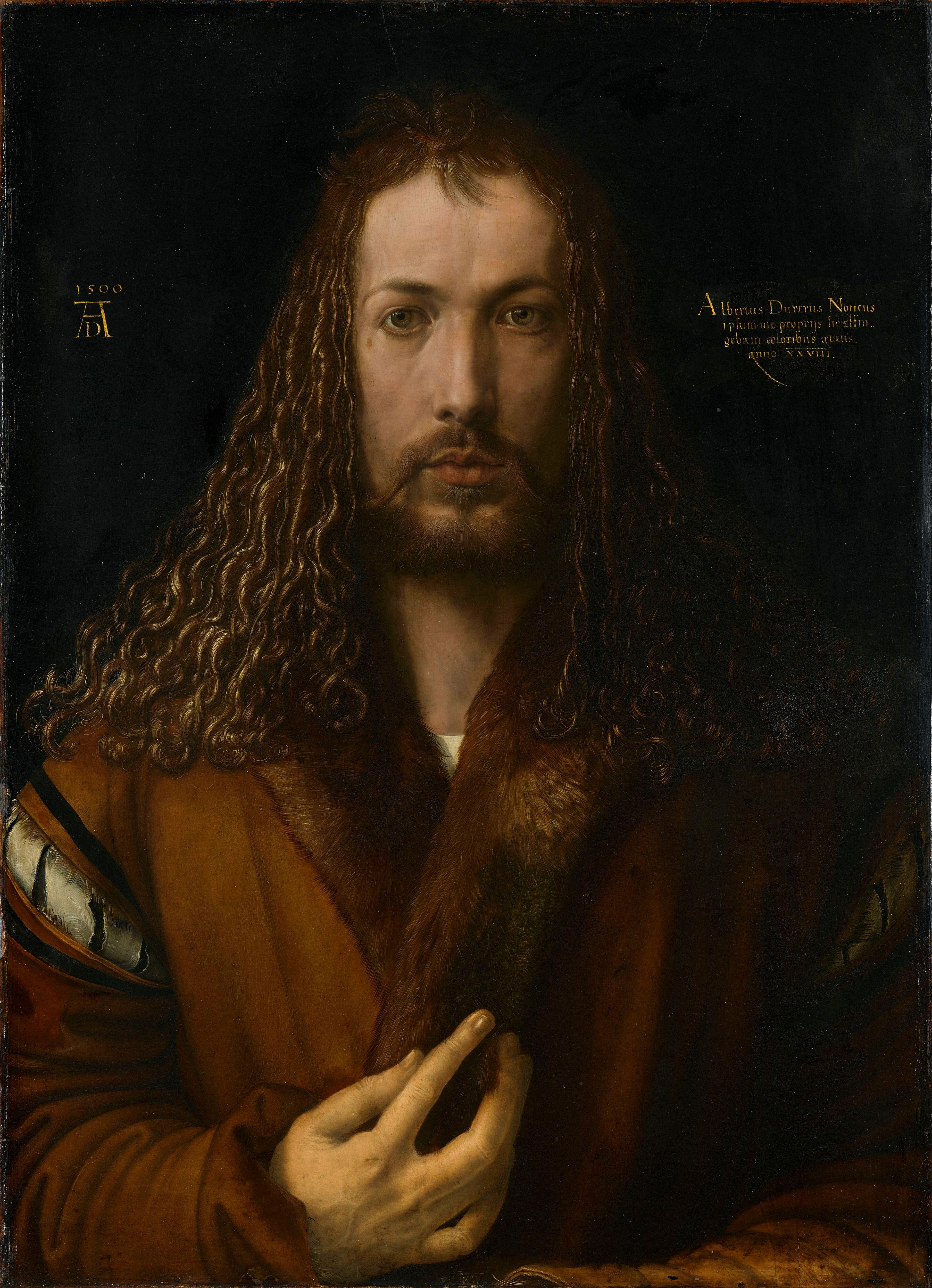 Albrecht Dürer: Selbstbildnis im Pelzrock (1500), frontal und streng symmetrisch.