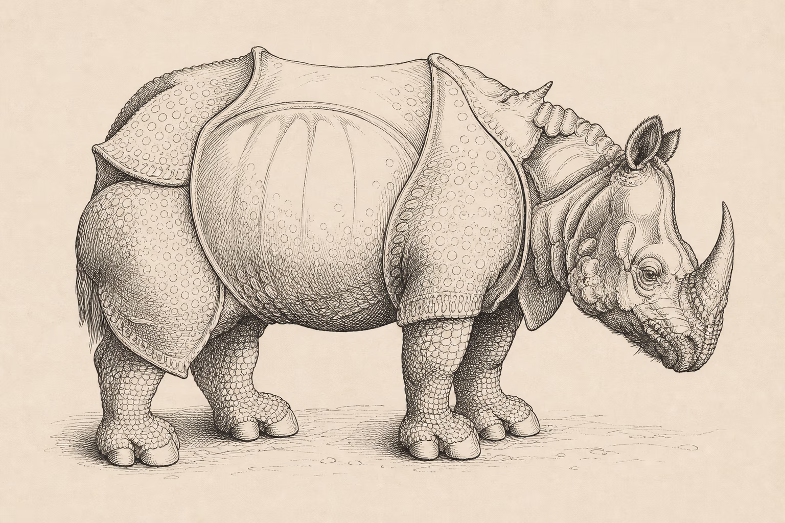 Dasselbe Rhinozeros mit erster, halb angelegter Kreuzschraffur — KI-Illustration.
