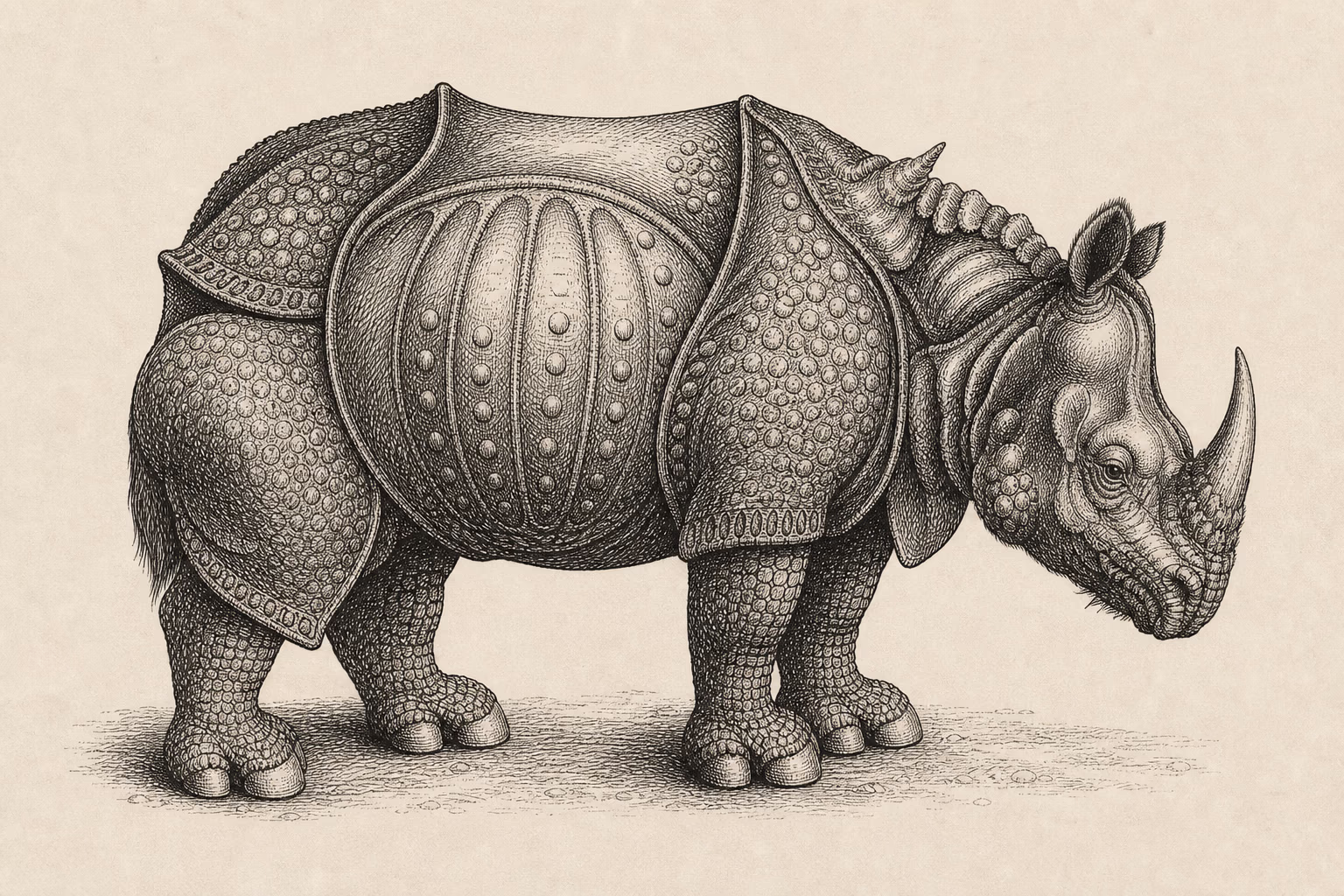 Dasselbe Rhinozeros als vollendeter, dicht schraffierter Kupferstich — KI-Illustration.