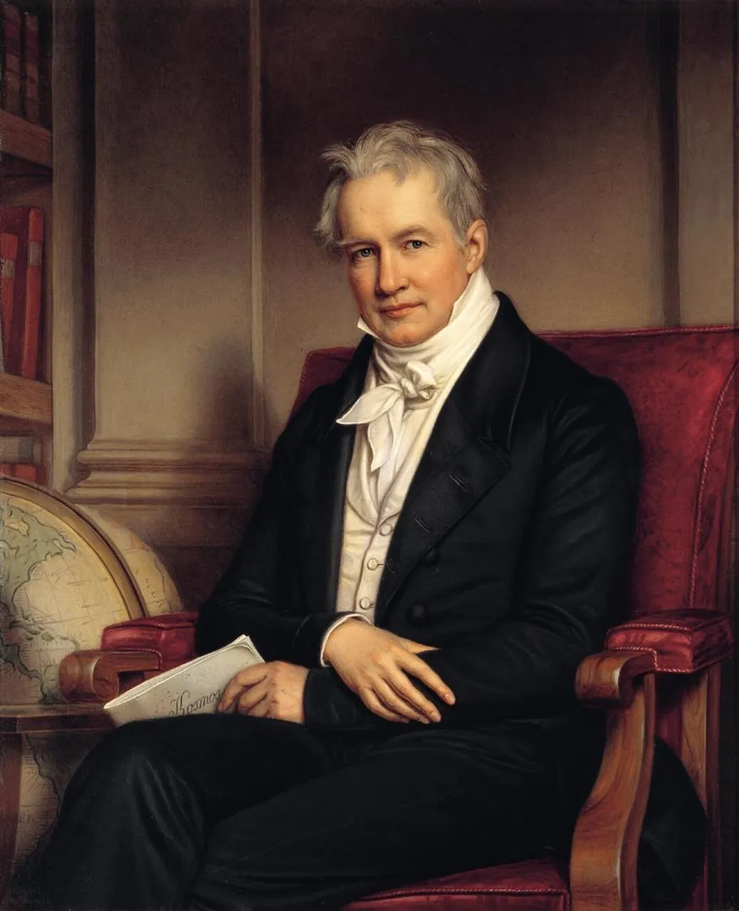 Ölgemälde von Joseph Karl Stieler (1843): Alexander von Humboldt im Alter von 74 Jahren, sitzend, mit einem aufgeschlagenen Buch in den Händen.