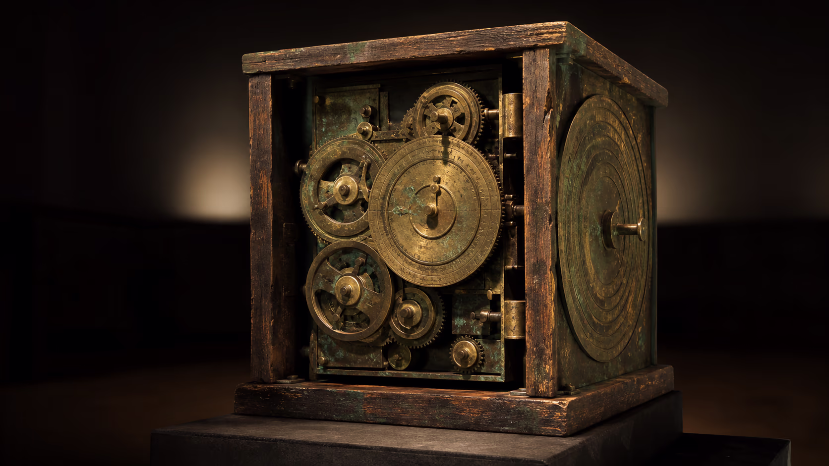 Render einer rekonstruierten antiken griechischen Bronze-Zahnrad-Maschine im Holzgehäuse mit Vorder- und Rückskalen.