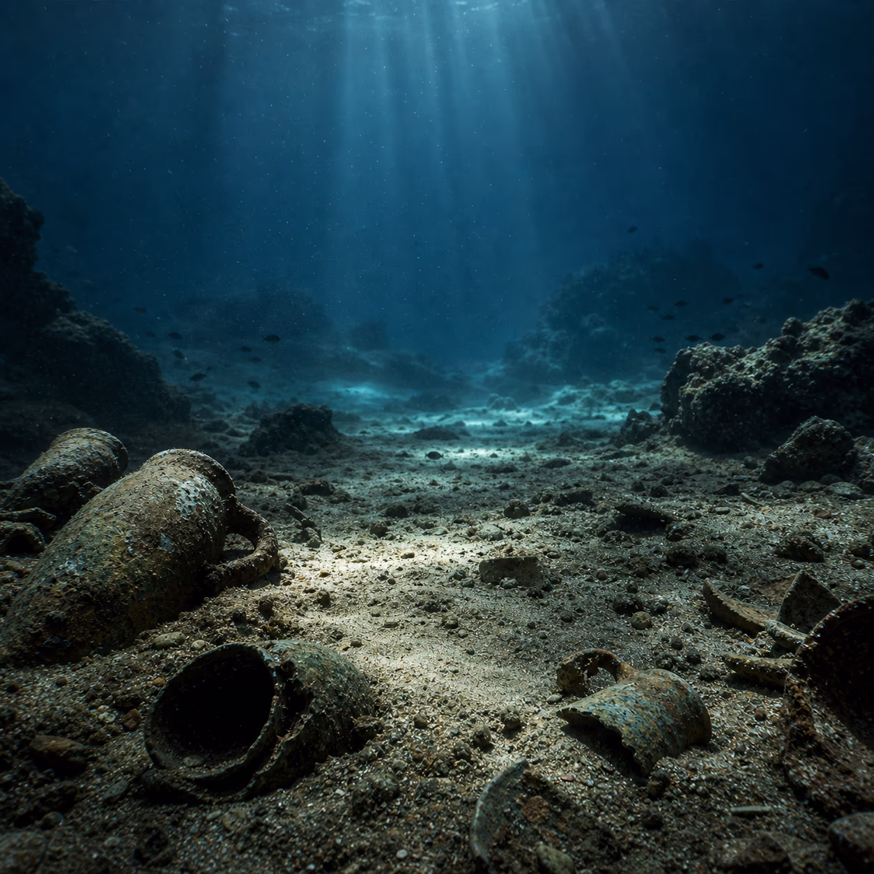 Stimmungsbild eines antiken Schiffswracks in der Tiefe mit Amphoren und Bronzeresten im trüben Licht.