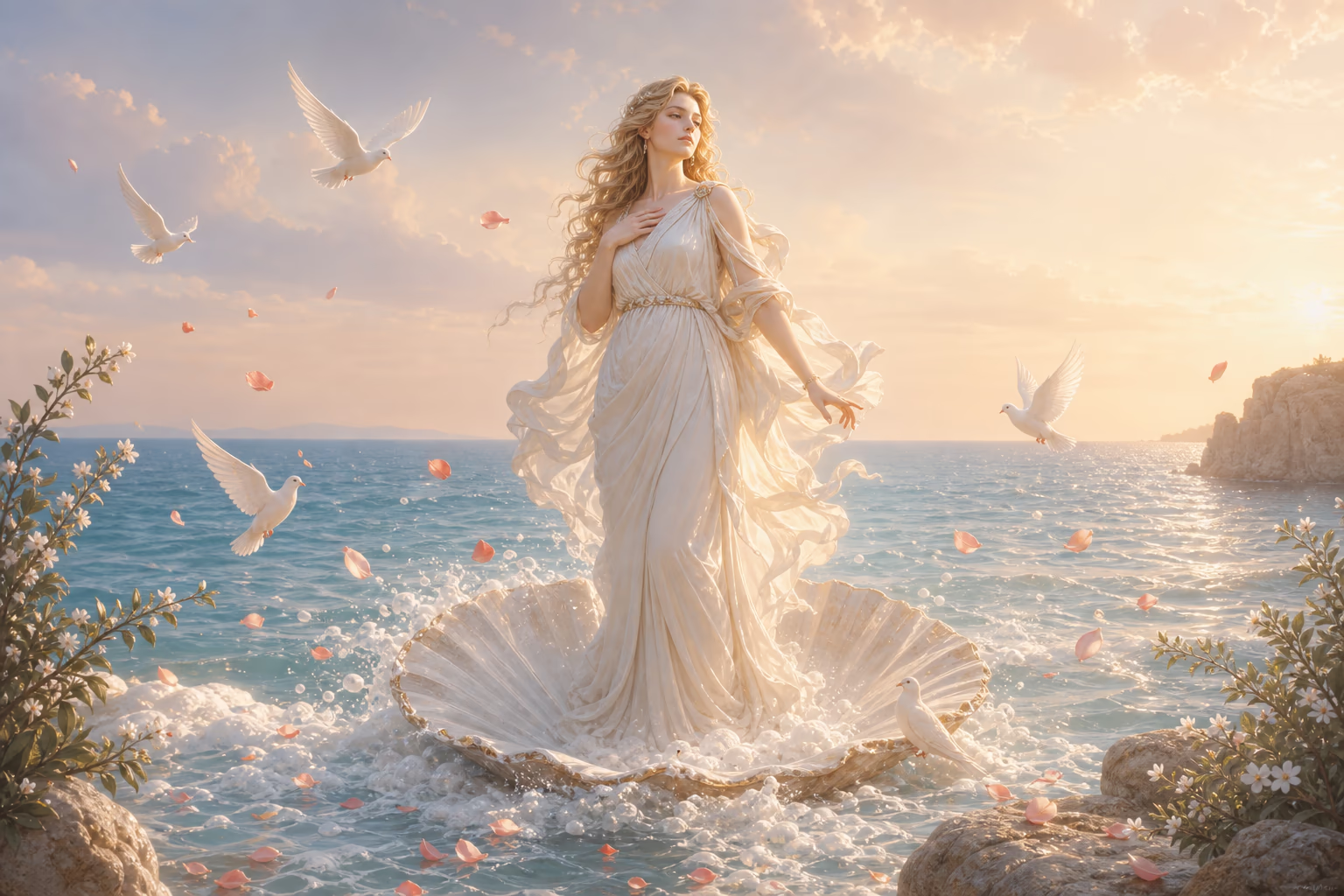 KI-Illustration im hellen, klassischen Stil dieser Seite: eine Göttin steigt auf treibendem Schaum aus dem Meer, unter ihr eine große blasse Jakobsmuschel, Tauben und Rosenblätter im Wind – eine eigene Hommage an das Anadyomene-Motiv, ausdrücklich kein Botticelli-Faksimile und kein echtes Gemälde.