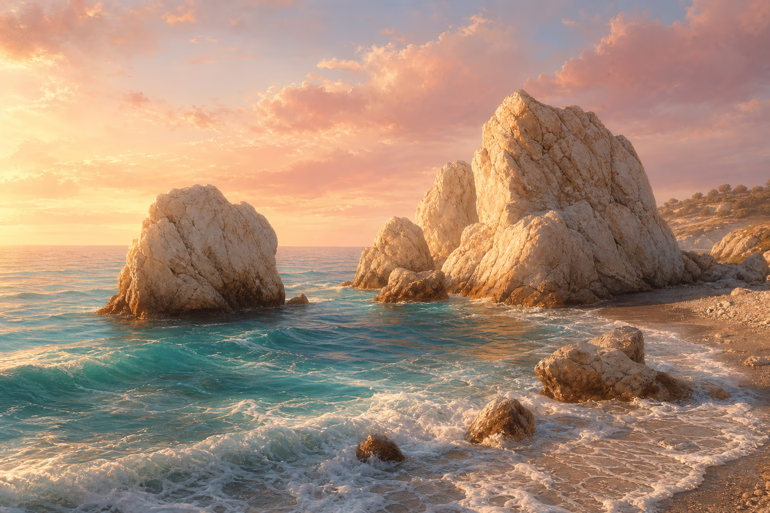 KI-Illustration einer mediterranen Küste in goldenem Licht: helle Kalksteinfelsen ragen aus türkisem Meer, weiße Gischt umspielt die Steine – freie Interpretation des Felsens Petra tou Romiou, kein Dokumentarfoto.