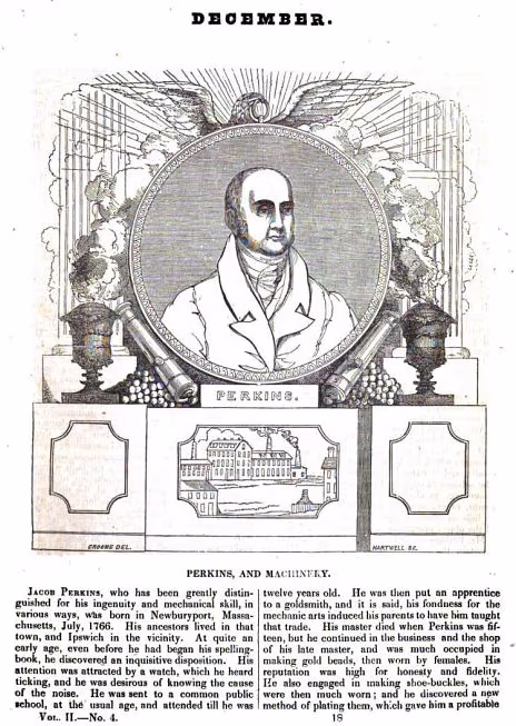 Stahlstich-Porträt von Jacob Perkins, 1835, Brustbild eines Mannes mittleren Alters mit dunklem Mantel.