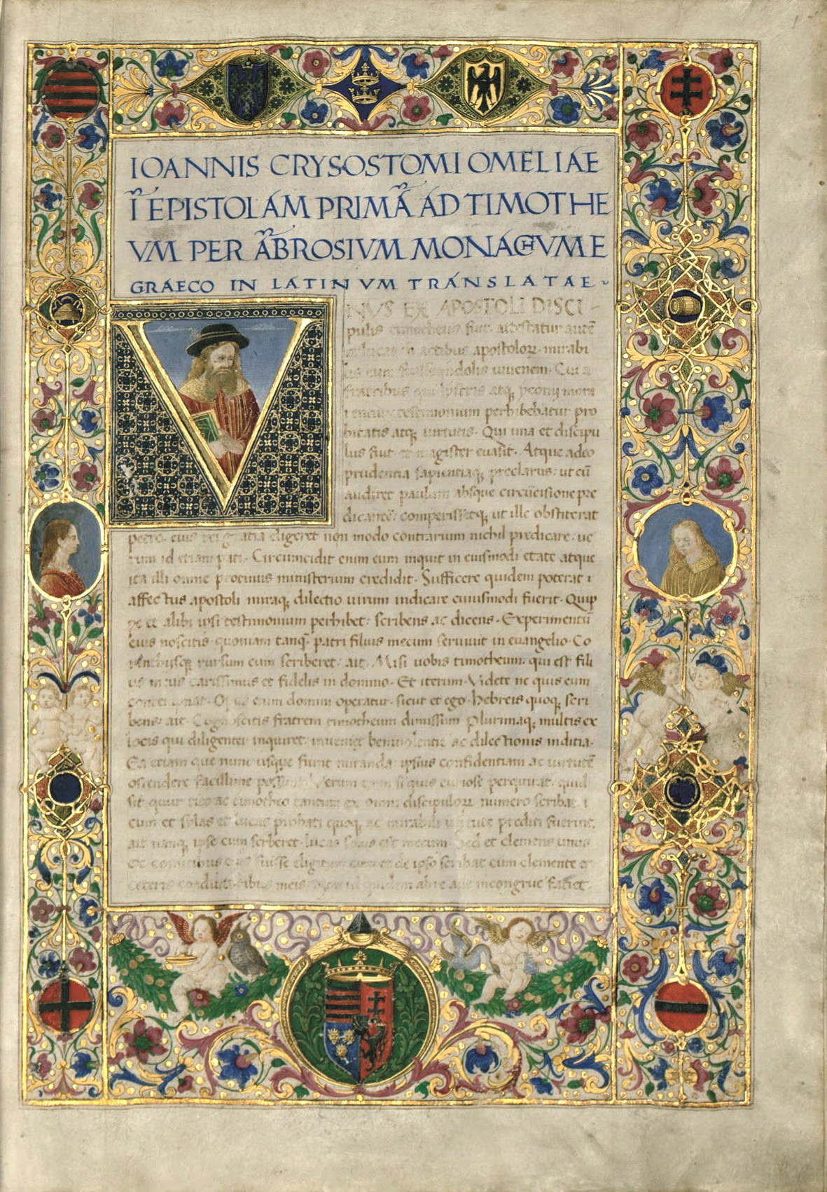 Illuminierte Widmungsseite f. 1r des Codex Hieronymus aus der Bibliotheca Corviniana mit Akanthus-Bordüre und Königswappen, gemeinfreie Reproduktion.