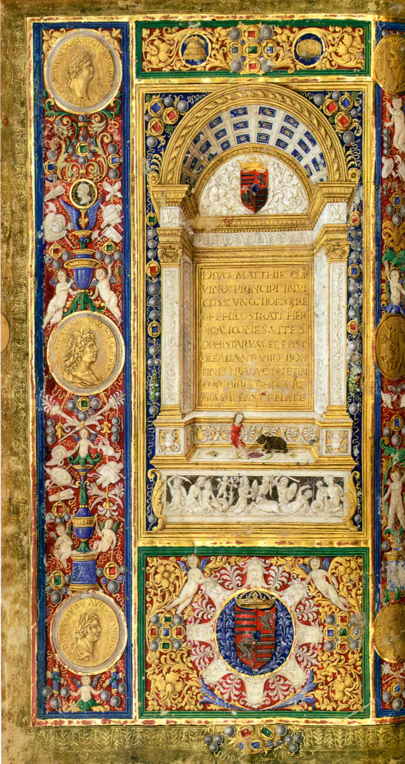 Illuminierte Frontispiz-Seite des Codex Philostratus aus der Bibliotheca Corviniana mit reicher Bordüre, gemeinfreie Reproduktion.
