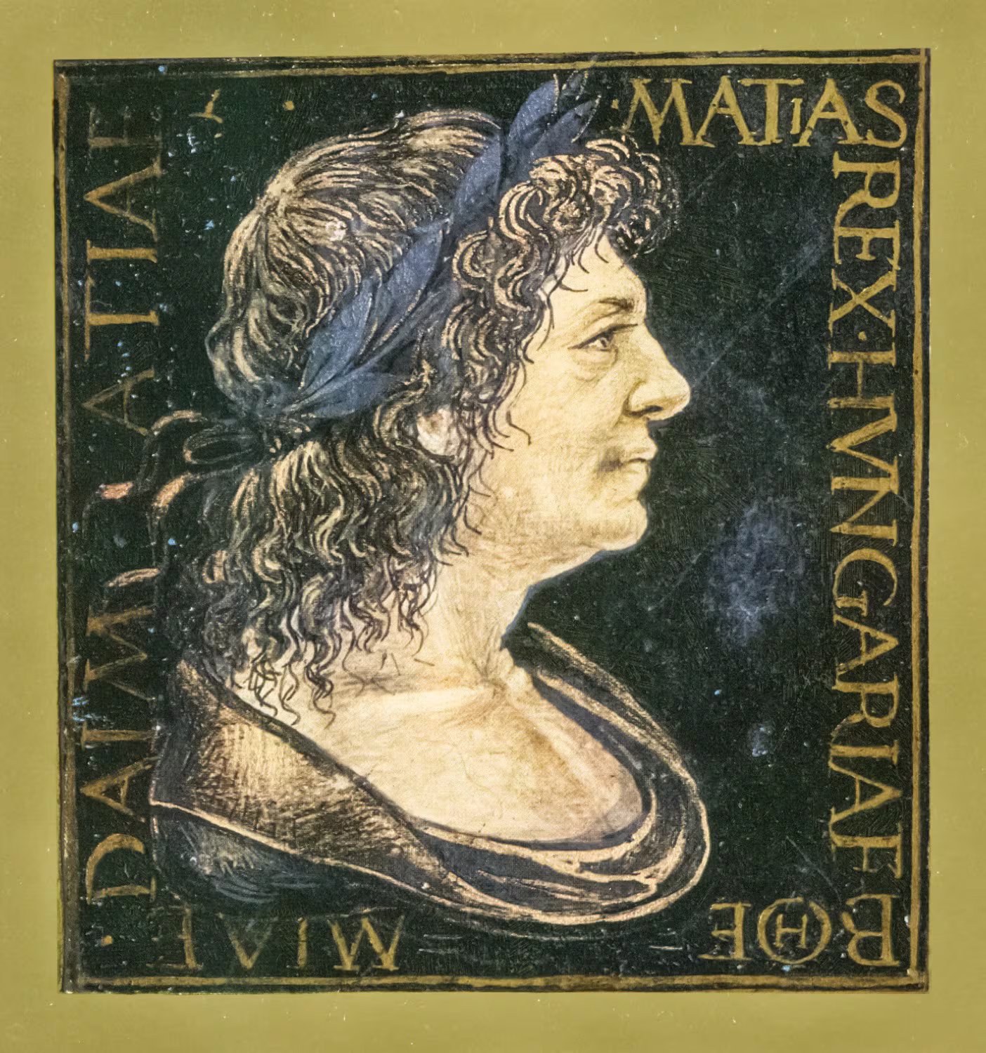 Illuminiertes Herrscherbildnis von Matthias Corvinus aus einem Corvina-Codex, gemeinfreie historische Reproduktion.