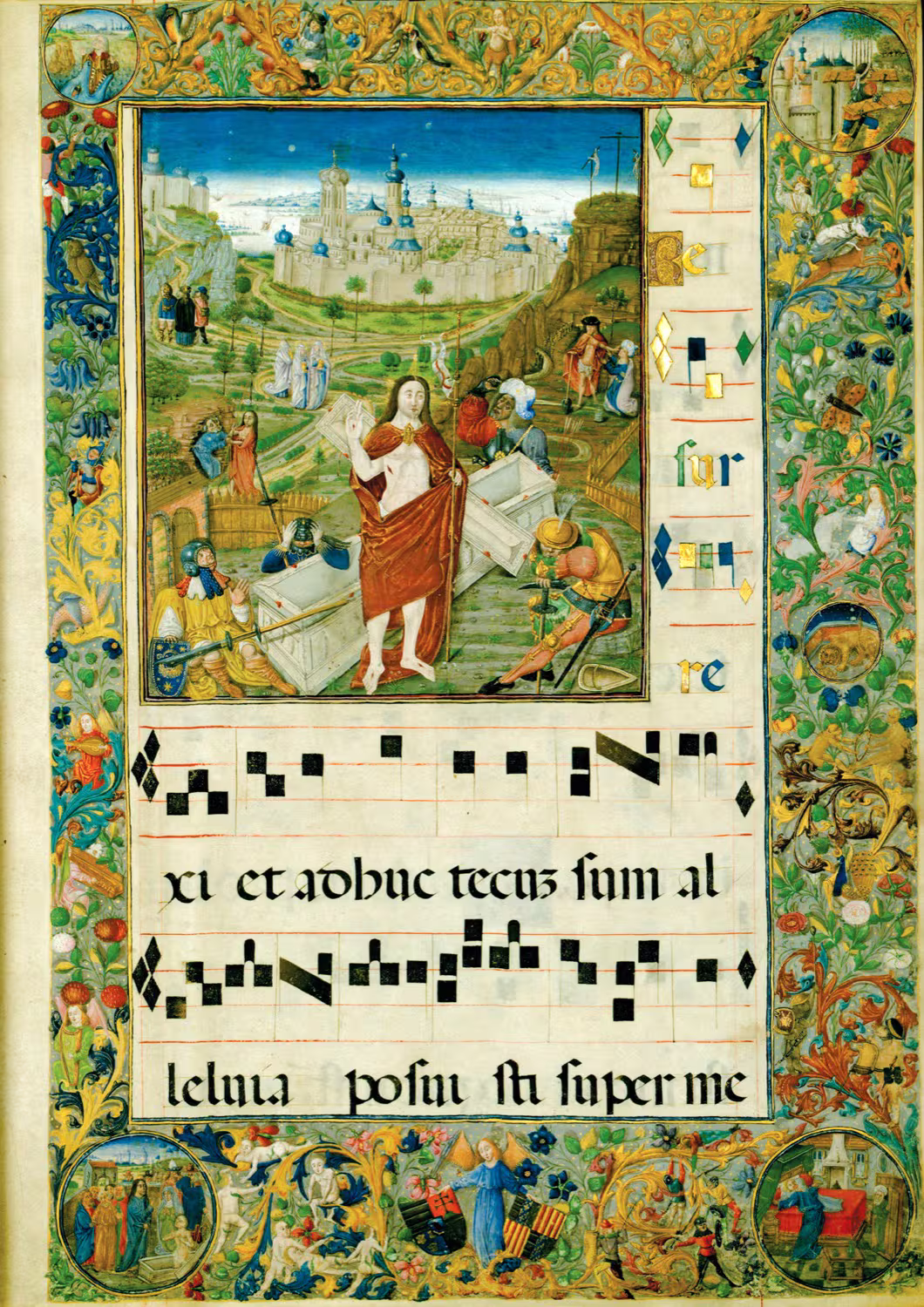 Illuminierte Seite aus dem Matthias-Graduale (um 1480), heute Nationalbibliothek Széchényi, gemeinfreie Reproduktion.