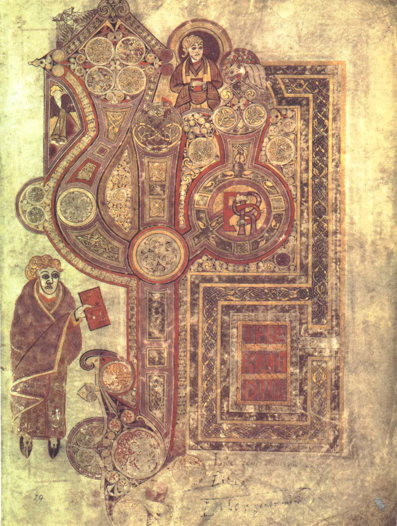 Incipit-Seite zum Matthäusevangelium, Folio 29r: das reich verzierte „Liber generationis“ in dichtem Knotenwerk.