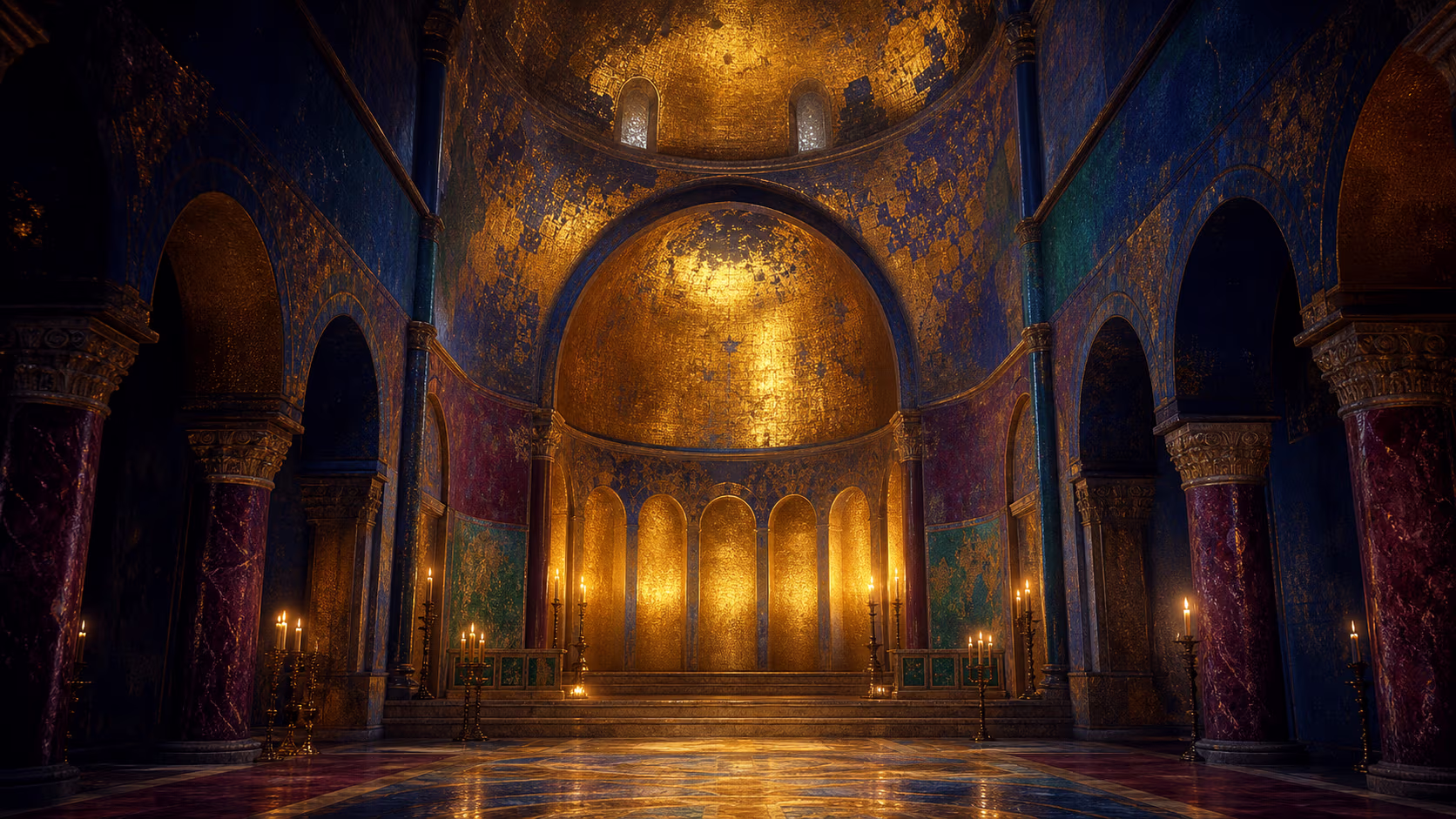 Stimmungsvoller, dunkler byzantinischer Innenraum: eine glühende Goldgrund-Apsis im Kerzenlicht, Nachtblau und purpurne Säulen.