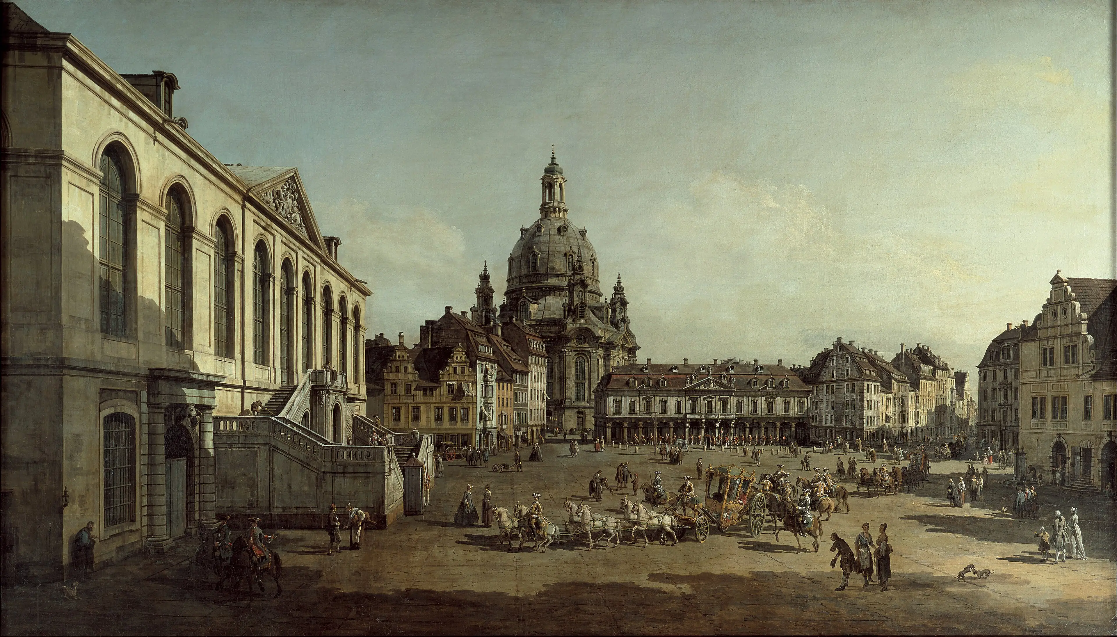 Bernardo Bellotto: Der Neumarkt in Dresden vom Jüdenhofe, um 1749 — die Frauenkirche mit ihrer steinernen Kuppel ragt prominent über den Platz.