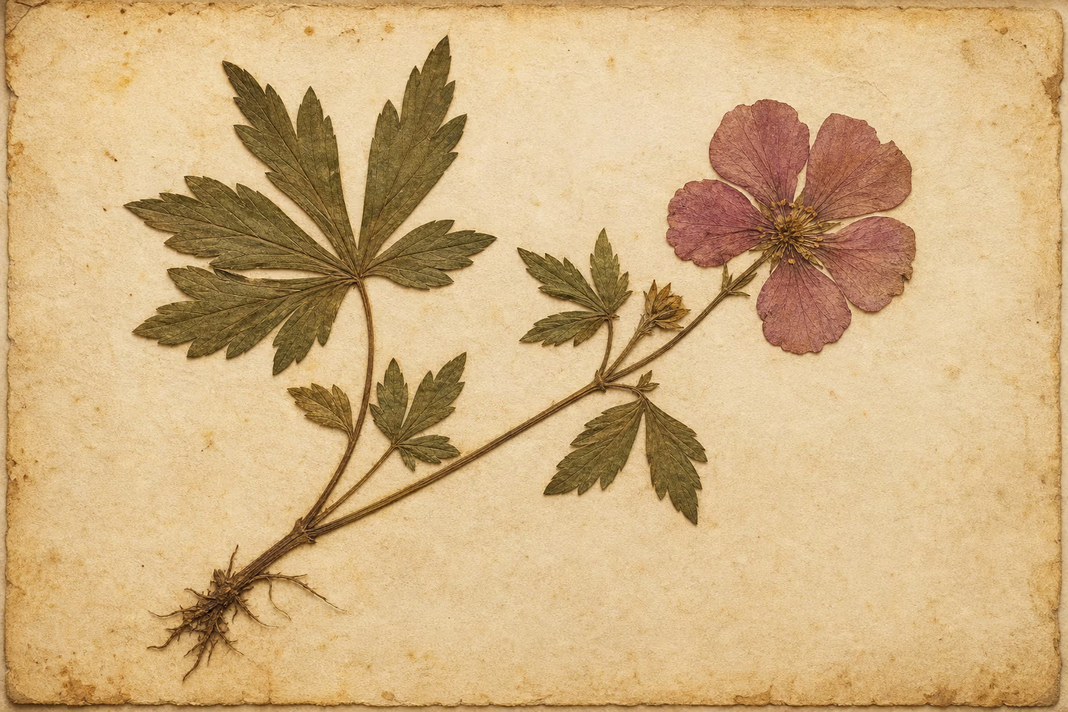 Ein gepresstes Pflanzenexemplar mit Stängel, getrockneten Blättern und einer verblassten rosa Blüte auf gealtertem Papier – Herbarium-Atmosphäre.