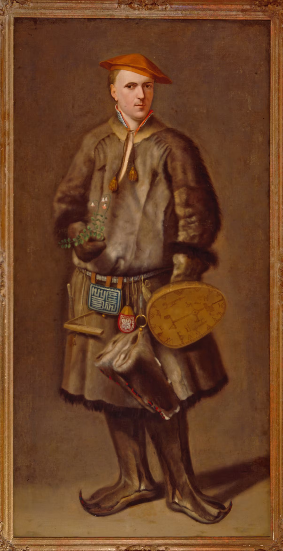 Gemälde von Linné in samischer Tracht mit einer Linnaea-borealis-Blume in der Hand, von Martin Hoffman, 1737.