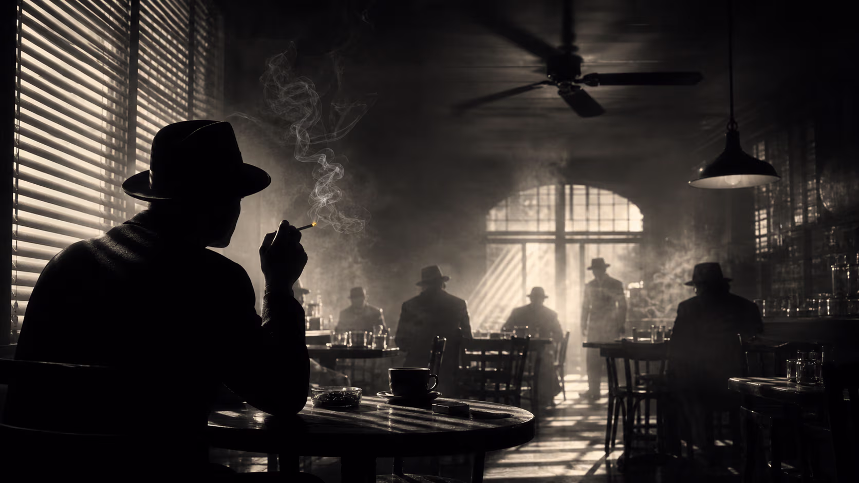 Verrauchtes Café im Stil der 1940er Jahre: schräge Jalousien-Lichtstreifen fallen in den Raum, ein Deckenventilator, gesichtslose Gegenlicht-Silhouetten und der Glutpunkt einer Zigarette.