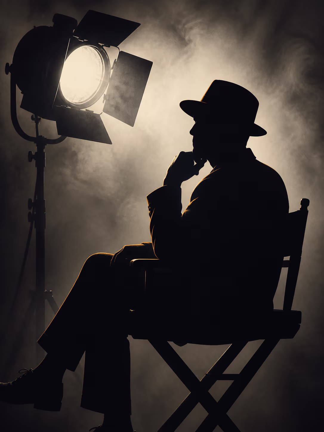 Stilisierte, vollständig anonyme Silhouette eines Regisseurs der 1940er Jahre neben einem Studio-Scheinwerfer im Gegenlicht.