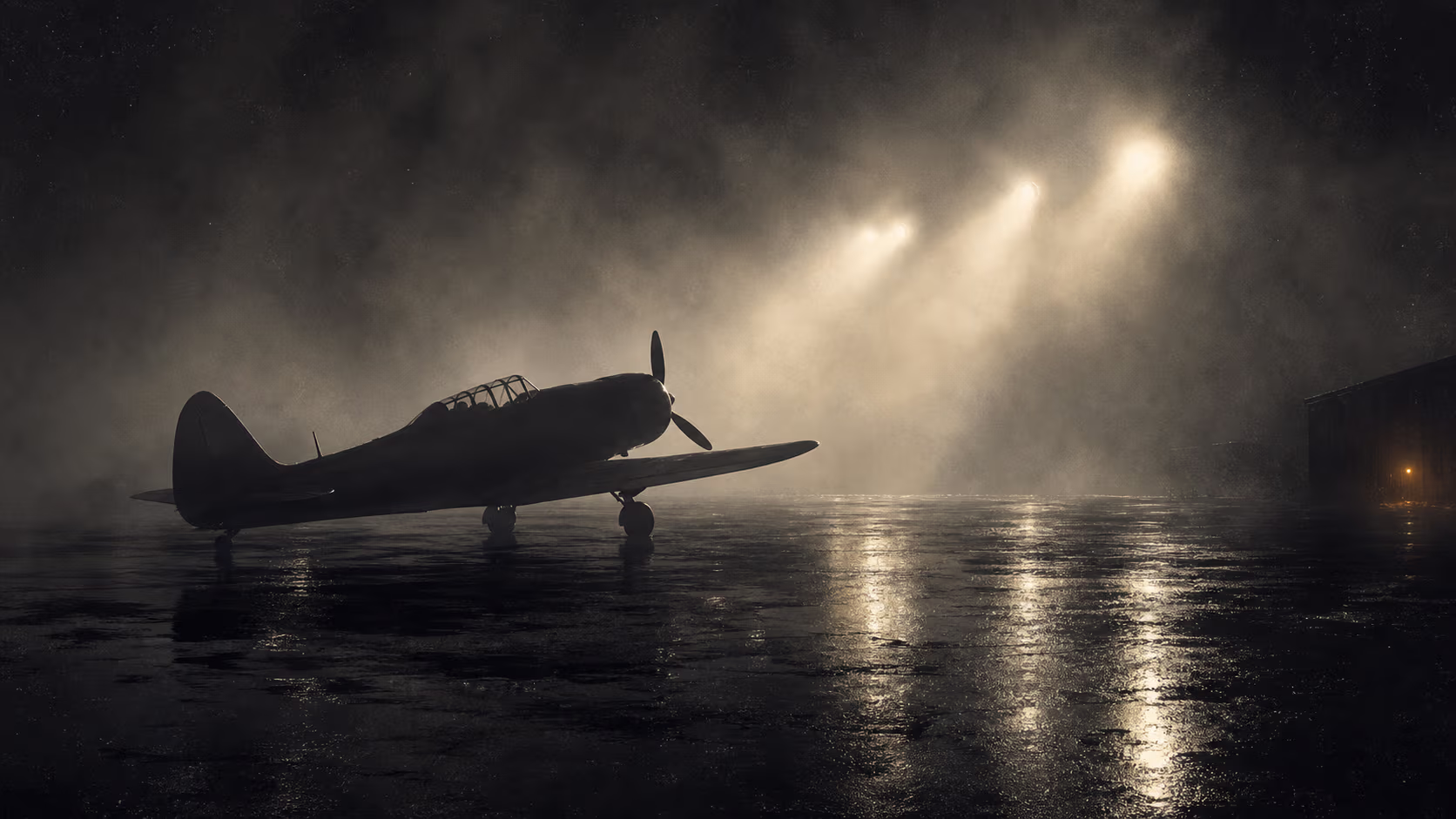 Neutrales, nebliges Nacht-Rollfeld mit der Silhouette eines Propellerflugzeugs und schräg einfallenden Lichtschächten — ein Stimmungsbild, keine konkrete Filmszene.