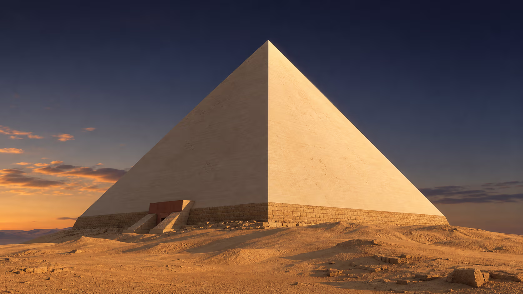 Stimmungsbild der glatt verkleideten Großen Pyramide auf dem Gizeh-Plateau im warmen Dämmerlicht (KI-Illustration).