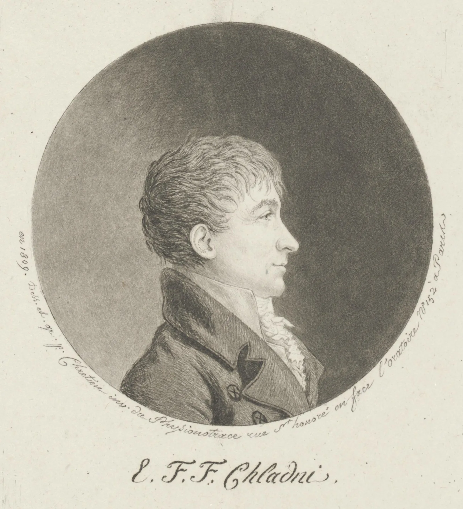 Porträt von Ernst Florens Friedrich Chladni, ein Physionotrace-Stich von Gilles-Louis Chrétien aus dem Jahr 1809.