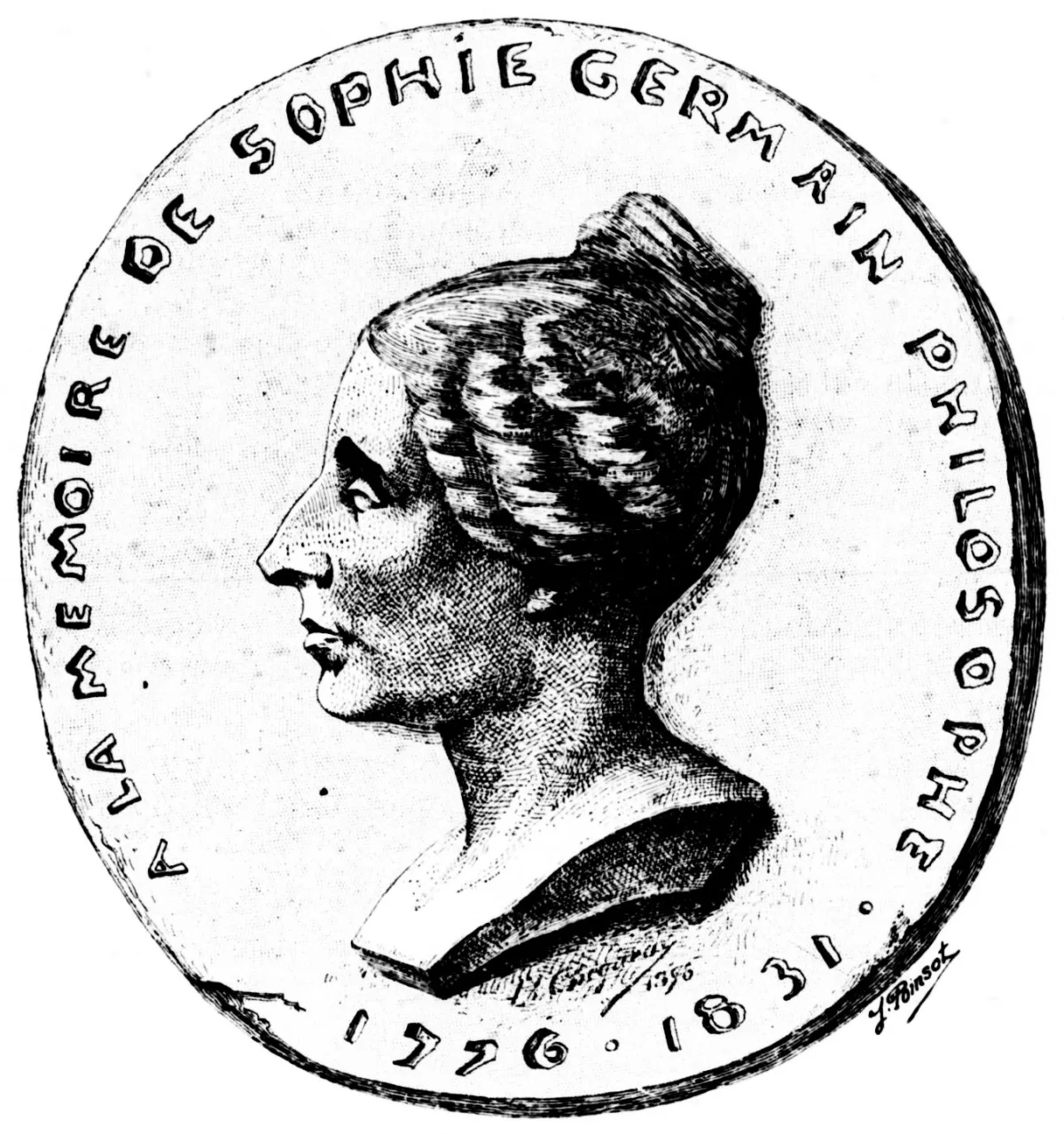 Porträtstich von Sophie Germain, der Mathematikerin, die 1816 als erste Frau den Grand Prix der Pariser Académie für ihre Plattentheorie gewann.