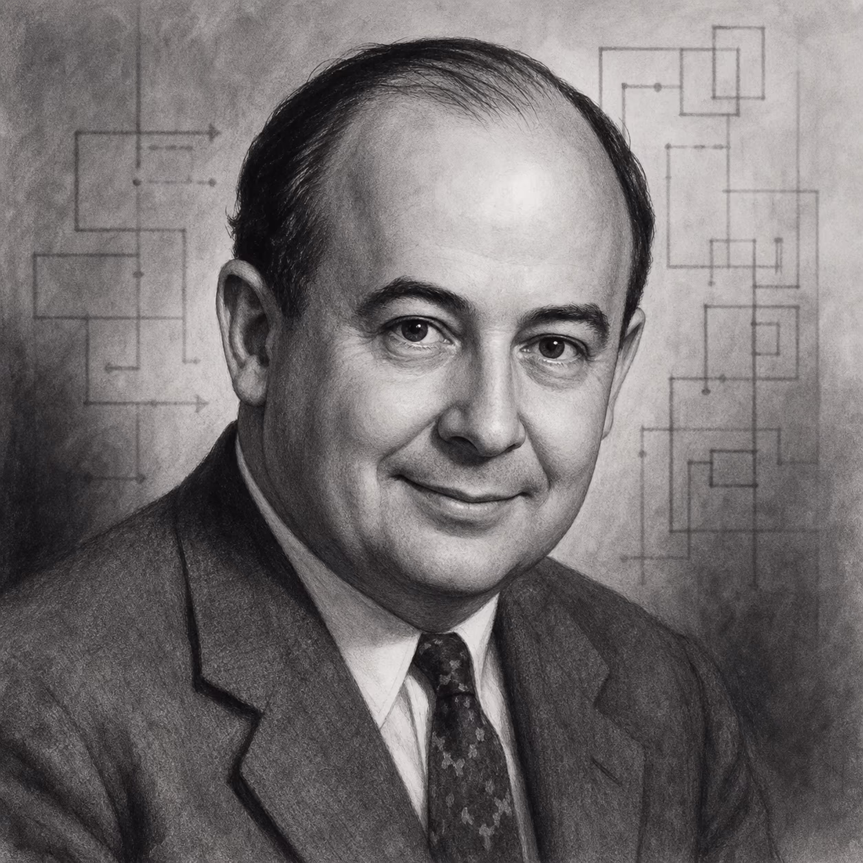 KI-Illustration im Stil eines Schwarz-Weiß-Studioporträts der frühen 1950er: ein rundlicher, lächelnder Mann mittleren Alters im Anzug mit Krawatte, an John von Neumann angelehnt. Kein authentisches historisches Foto.