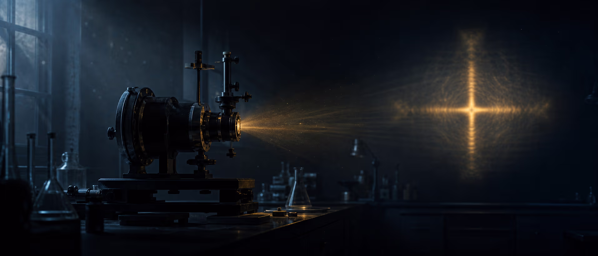Stilisierte Atmosphäre eines Röntgenlabors der 1950er Jahre mit einer Messing-Beugungskamera und einem angedeuteten Kreuz-Schimmer (KI-Illustration, kein echtes Photo 51).