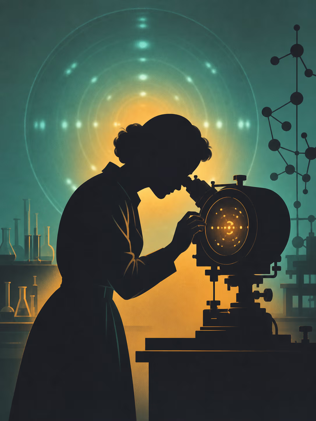Stilisierte, anonyme Silhouette einer Wissenschaftlerin an einer Röntgenkamera — kein Abbild einer realen Person (KI-Illustration).