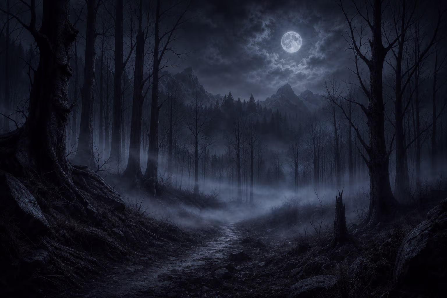 KI-Illustration: dunkler Karpaten-Nebelwald unter kaltem Vollmond, ziehender Bodennebel, ein Pfad im Dunst.