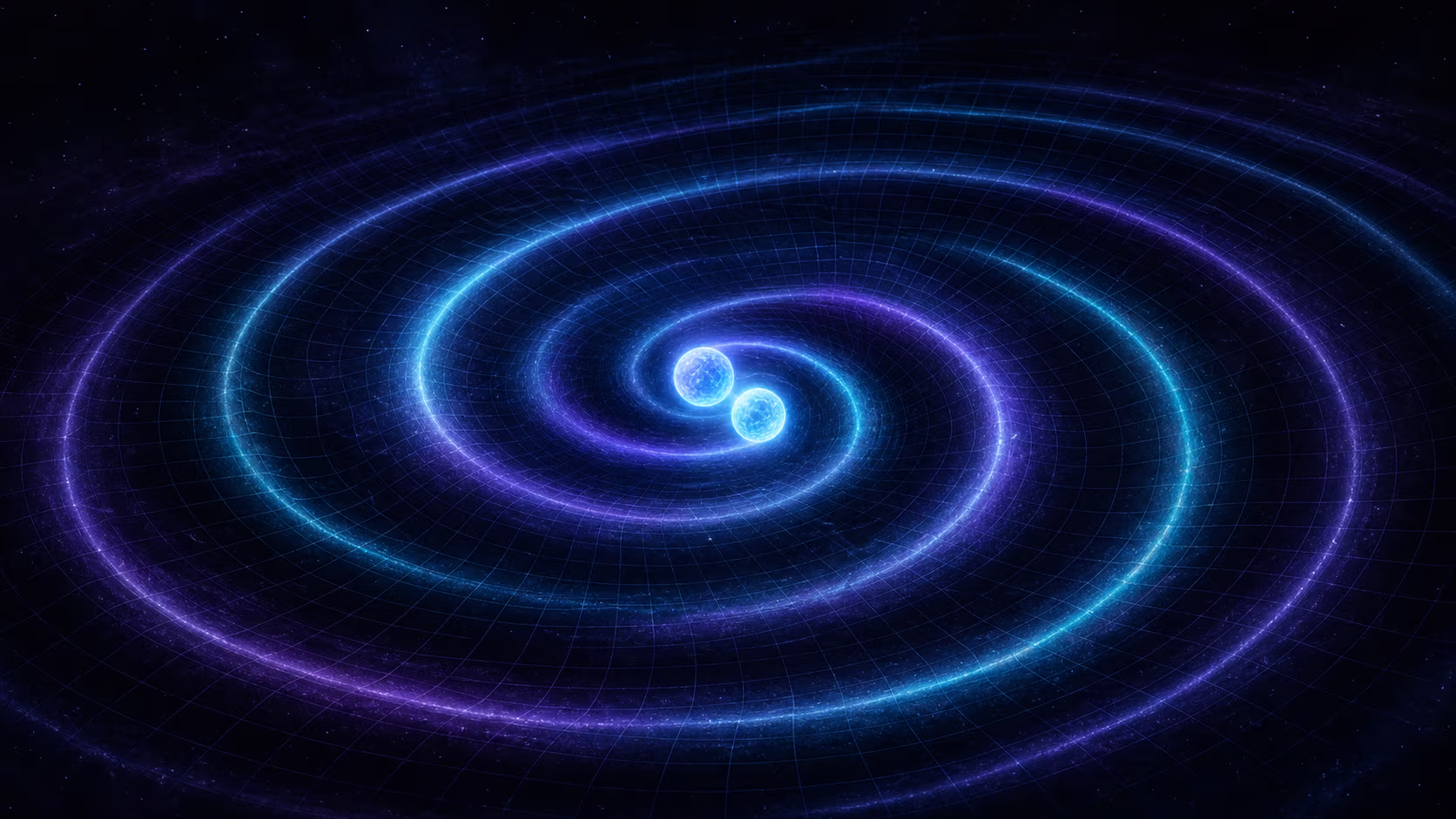Abstrakte Illustration zweier einander umkreisender Massen, die Wellen aus Cyan- und Violett-Ringen über ein gekrümmtes Raumzeit-Gitter senden.