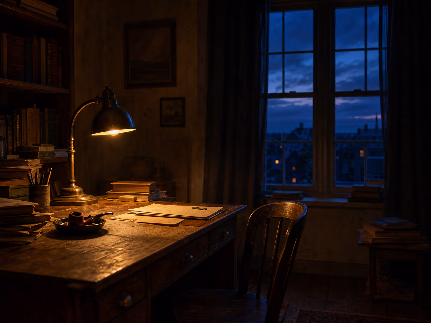 Stille Gelehrtenstube im warmen Abendlicht: Schreibtisch, Pfeife und Lampe, ohne Person — eine atmosphärische Andeutung des Denkers.