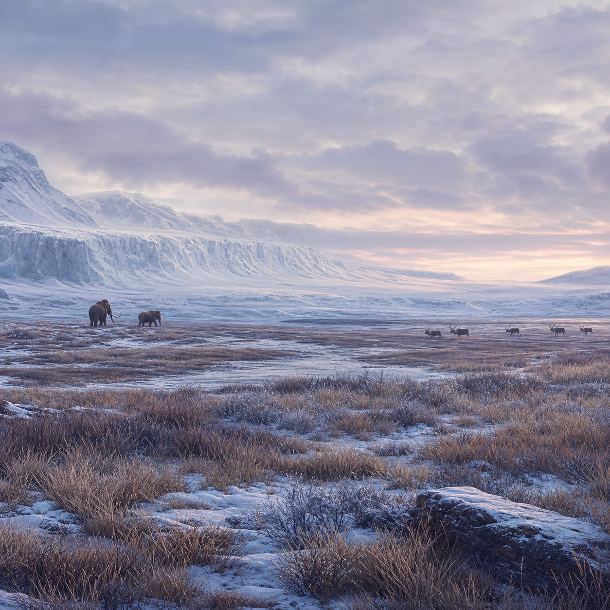 Stilisierte Szene des Känozoikums: eine weite, kühle eiszeitliche Tundra mit fernen Säugetier-Silhouetten unter eisblauem Horizont.