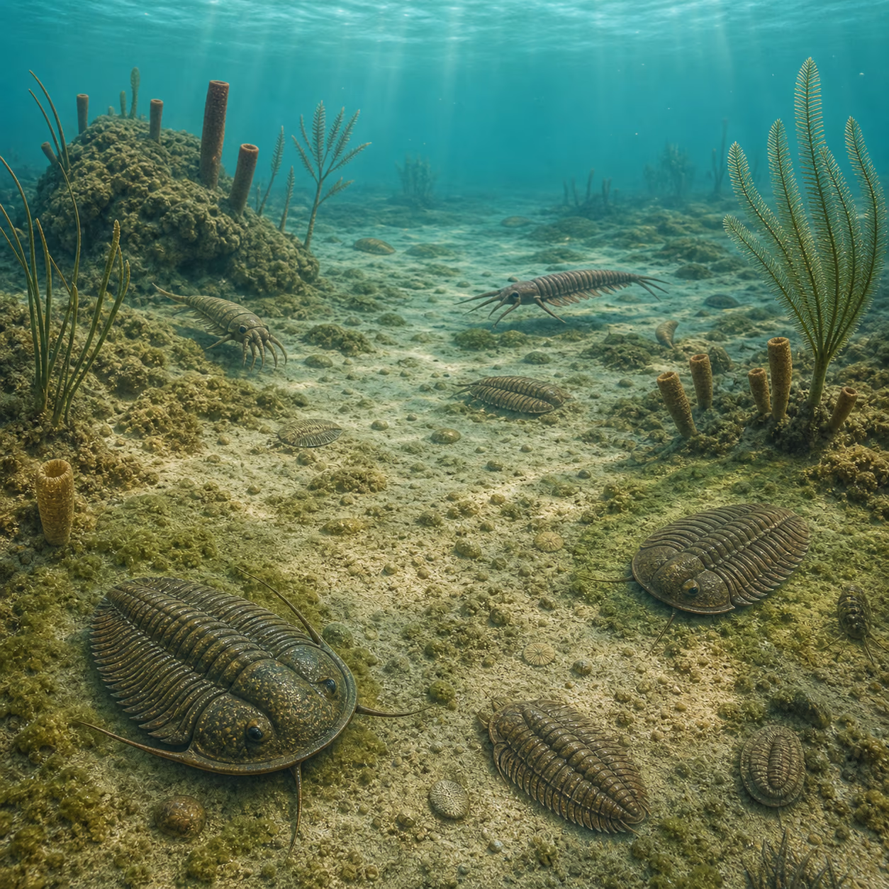 Stilisierte Szene des Paläozoikums: ein kambrisches Flachmeer mit frühen Gliederfüßern und Trilobiten in grün-türkisem, naturkundlichem Licht.