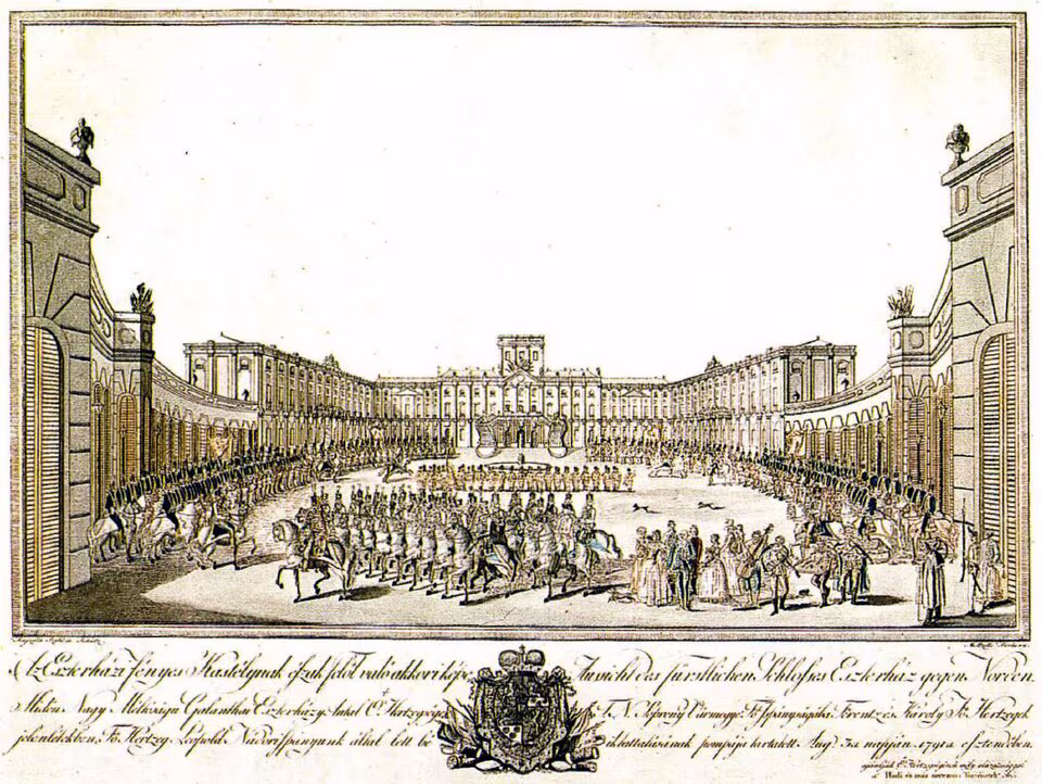 Zeitgenössischer Kupferstich der Schlossanlage Esterháza aus dem Jahr 1791 mit Ehrenhof, Hauptgebäude und Seitenflügeln