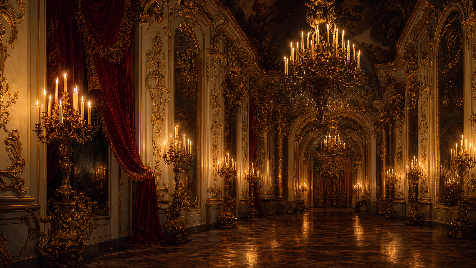 Stimmungsbild eines vergoldeten barocken Festsaals bei Kerzenlicht — KI-Illustration, keine dokumentarische Ansicht von Schloss Esterháza