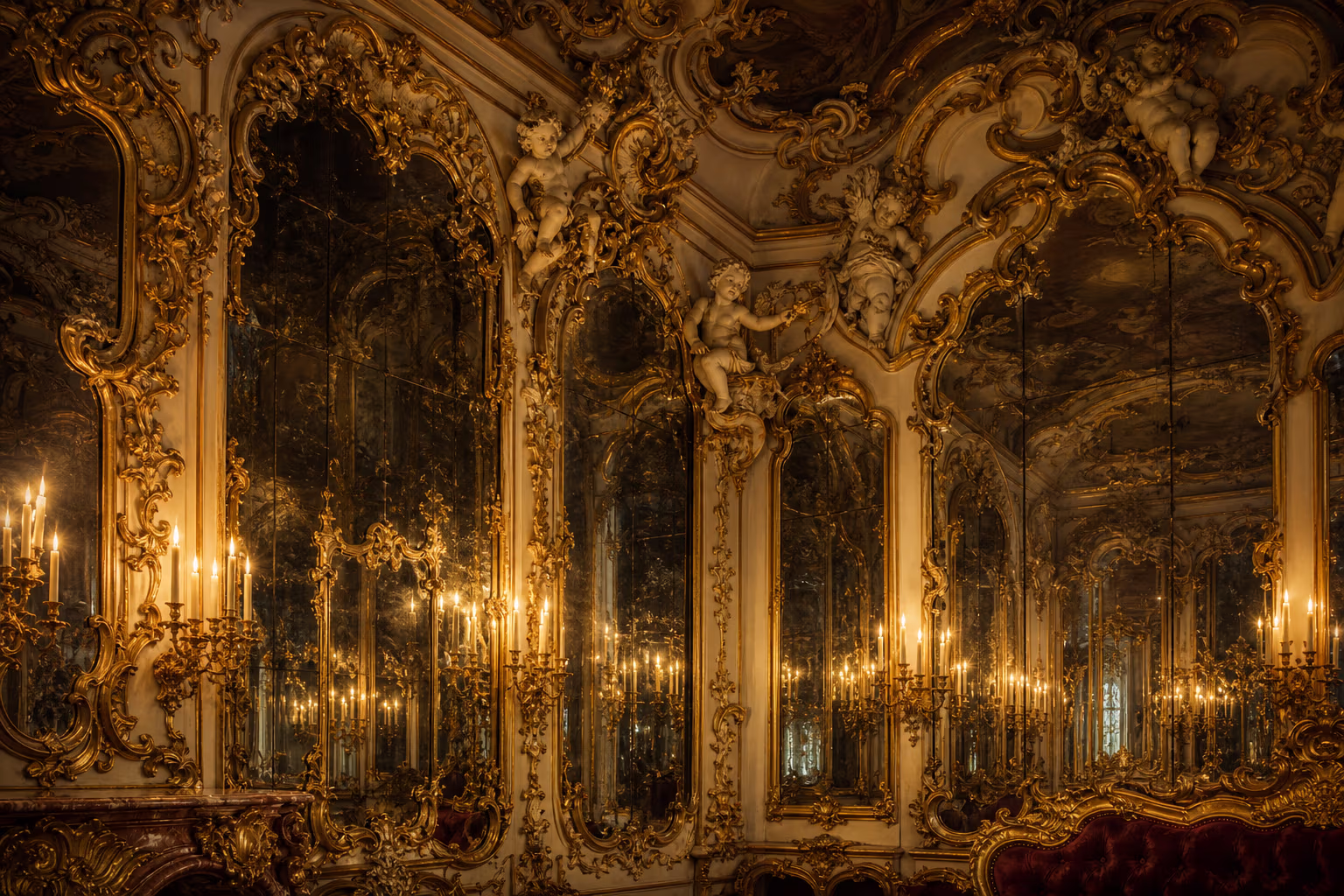 Stimmungsbild eines barocken Spiegelsaals mit Gold-Rocaille-Stuck und Putten bei Kerzenlicht — KI-Illustration