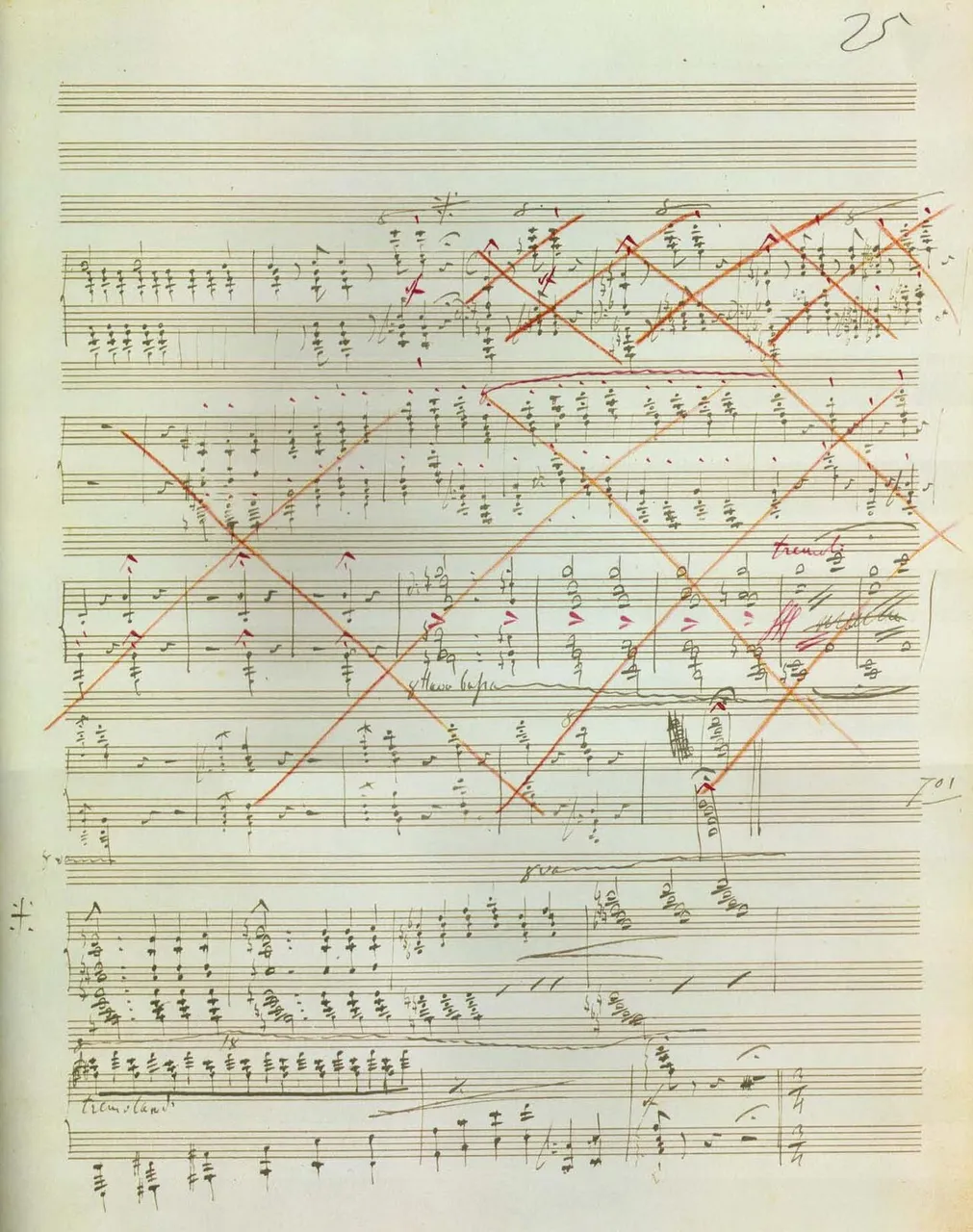 Eine Seite des eigenhändigen Notenmanuskripts der Klaviersonate h-Moll von 1853 — dichte, energische Handschrift mit Notenzeilen und Korrekturen.