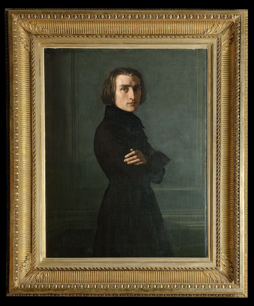 Ölporträt des 28-jährigen Franz Liszt von Henri Lehmann, 1839: romantischer junger Mann mit fülligem Haar, intensivem Blick, im dunklen Gehrock.