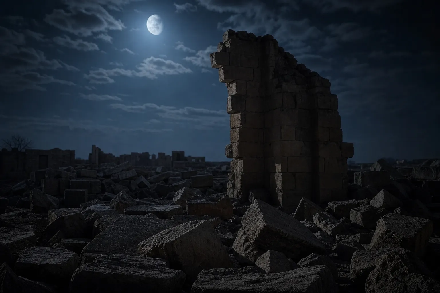 Atmosphärische Darstellung eines stillen Trümmerfelds aus verwittertem Sandstein bei Nacht — eine KI-Illustration, keine historische Aufnahme.