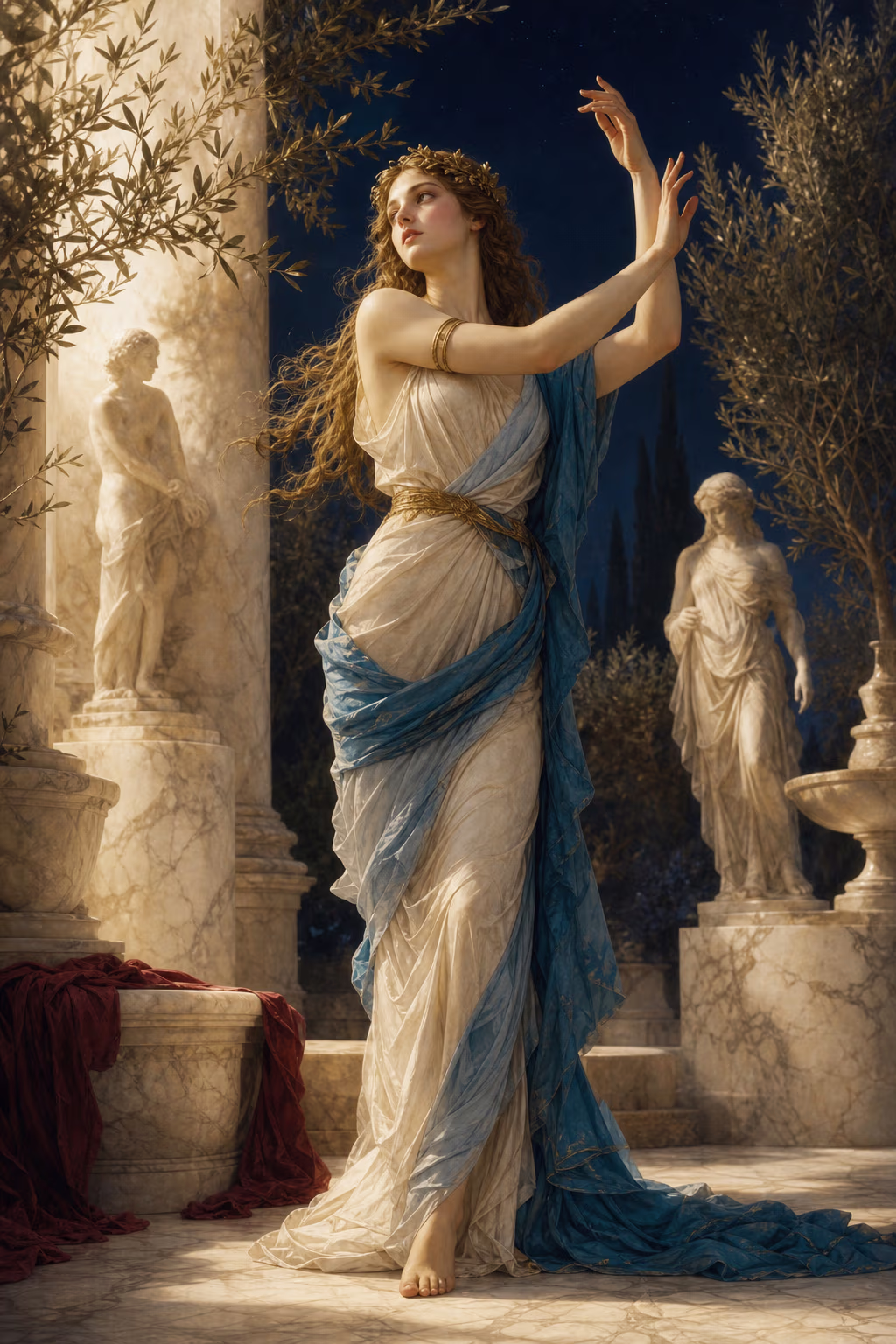 KI-Illustration: die Nymphe Daphne in einem sonnigen Marmorhain, die Arme zu heben beginnend.