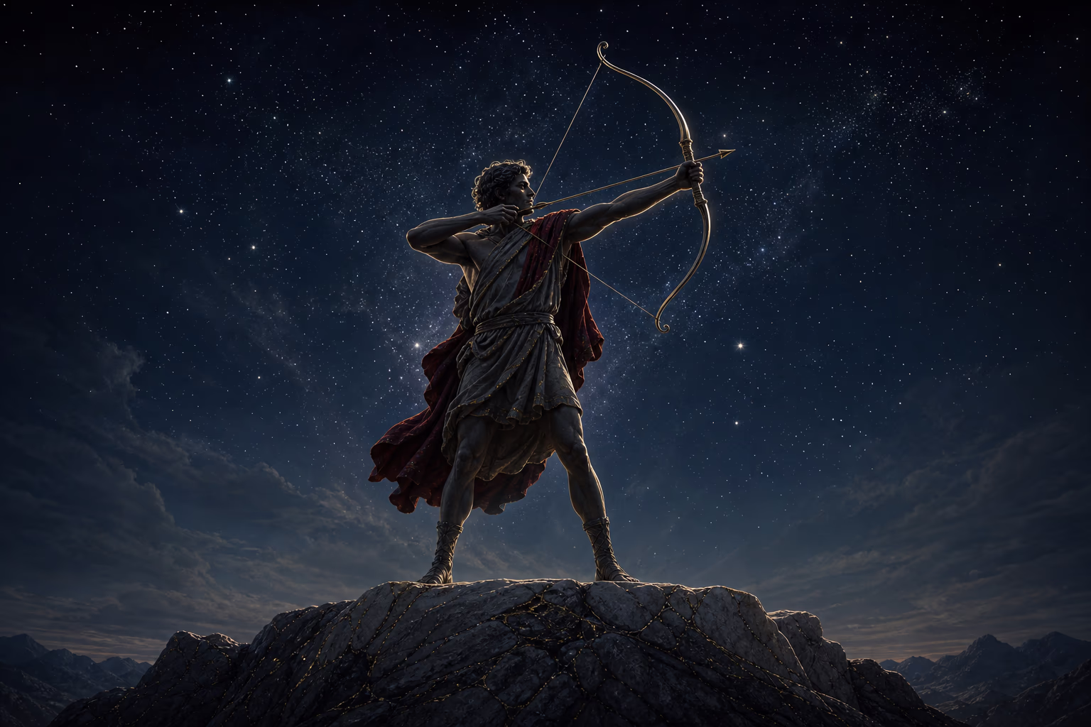 KI-Illustration: eine einsame Heldengestalt mit erhobenem Bogen auf einem dunklen Marmorgrat unter dem Nachthimmel — anklingend an Orion.