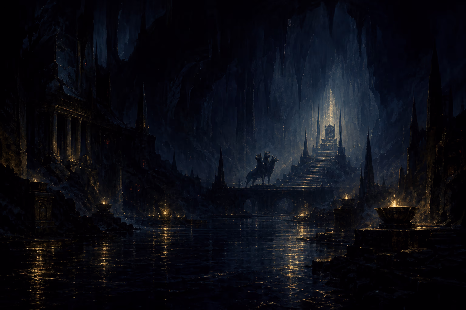 KI-Illustration: die Unterwelt des Hades — eine weite dunkle Höhle, der schwarze Fluss Styx, ein ferner blasser Thron, der Schatten eines dreiköpfigen Hundes.