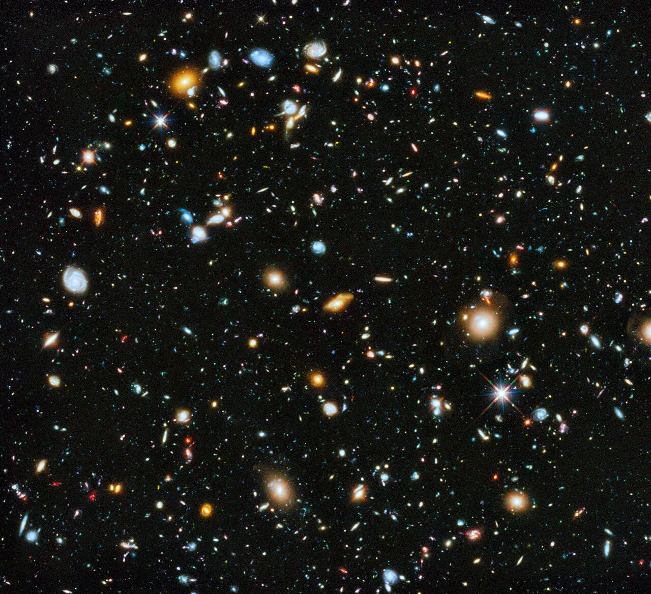 Tiefenfeldaufnahme des Hubble-Weltraumteleskops: hunderte farbige Galaxien unterschiedlicher Form und Entfernung vor schwarzem Hintergrund.