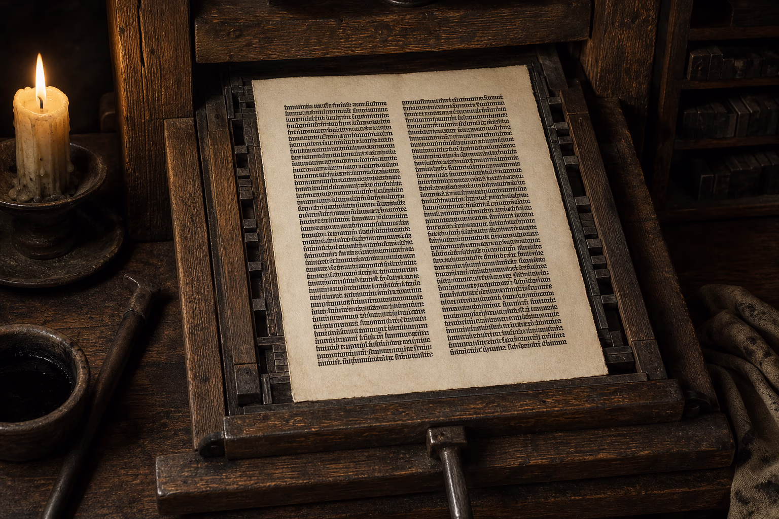 KI-Illustration: derselbe Pressbett-Ausschnitt, der Bogen nun frisch in tintenschwarzem zweispaltigem Textura-Satz bedruckt