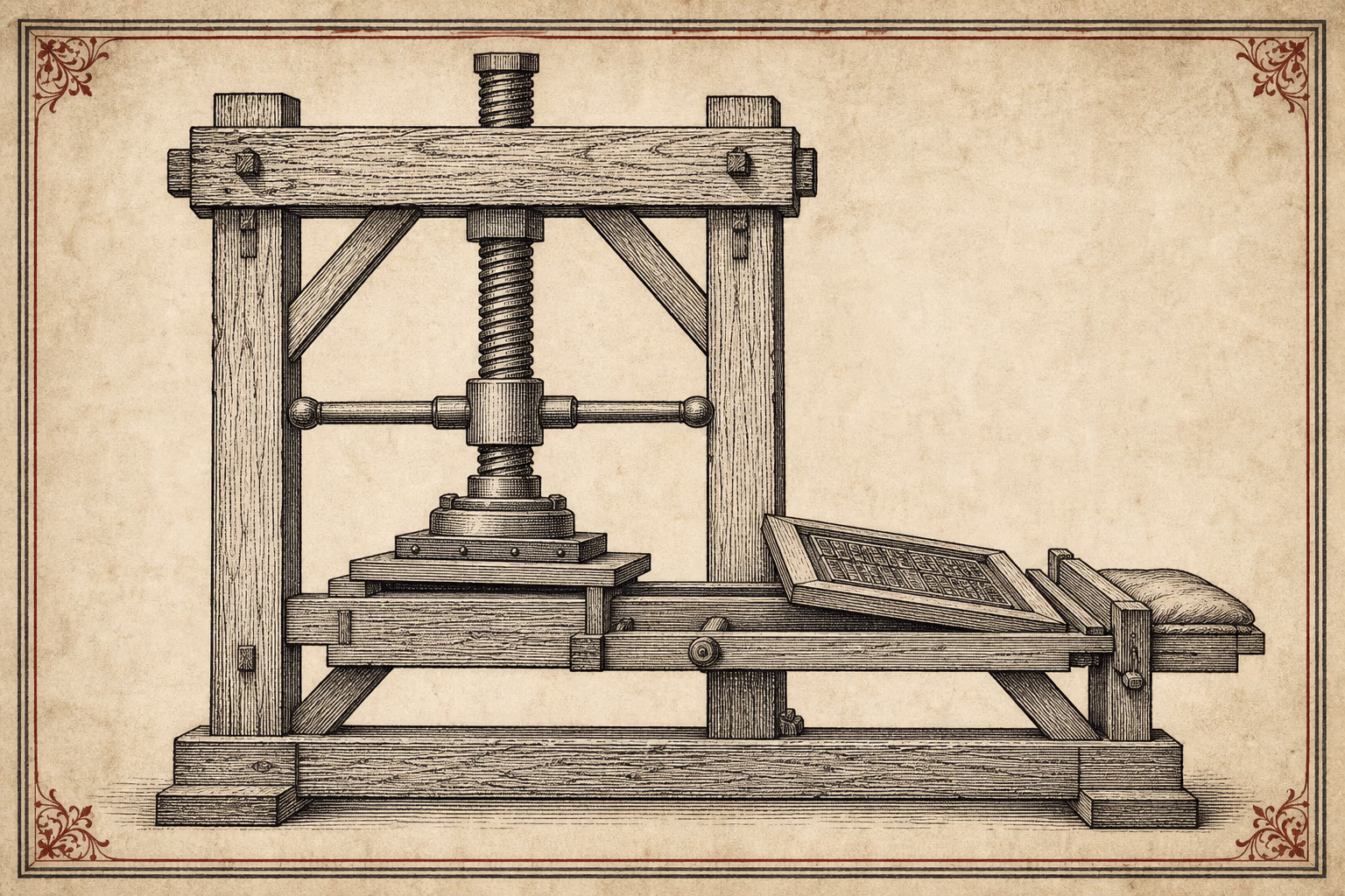 KI-Illustration im Holzschnitt-Duktus: schematische Seitenansicht einer hölzernen Spindelpresse mit Rahmen, Spindel, Tiegel und Karren