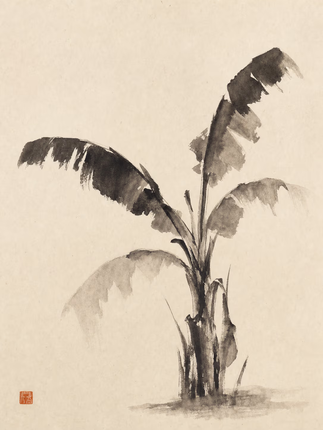 Eine Bananenstaude mit wenigen breiten, zerrissenen Blättern in monochromer Tusche, viel Weißraum — im Sumi-e-Stil.
